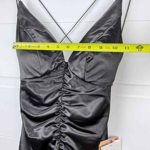 Emerald Sundae Black Ruched Satin Size M -Mini Dress Criss-Cross Back NWT - Picture 8 of 11